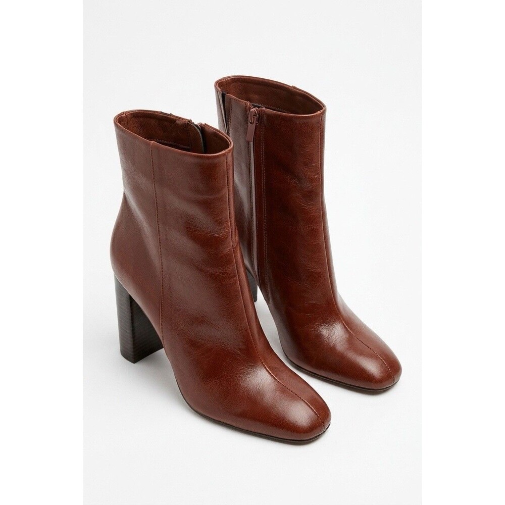 NWT Zara Brown Real Leather Block Heel Ankle Bootie Size 10 EUR 41 3106/610/700